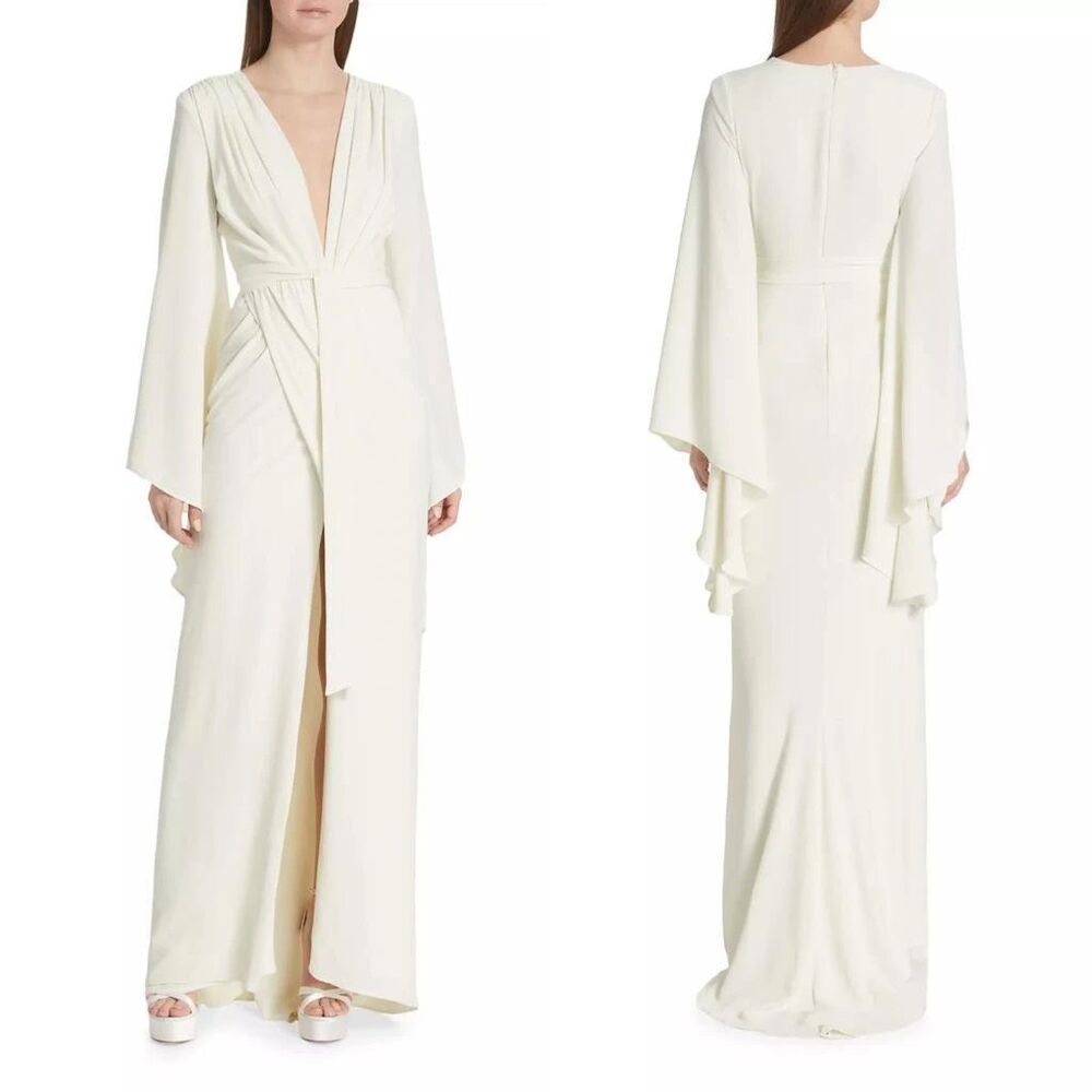 Michael Costello Ivory/Off-White Maxi Gown with Draped Sleeves
